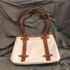 APT 9 Purse.  Off white with brown braided accent design and handles.